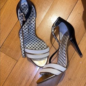 Jessica Simpson strappy black gold and white heels